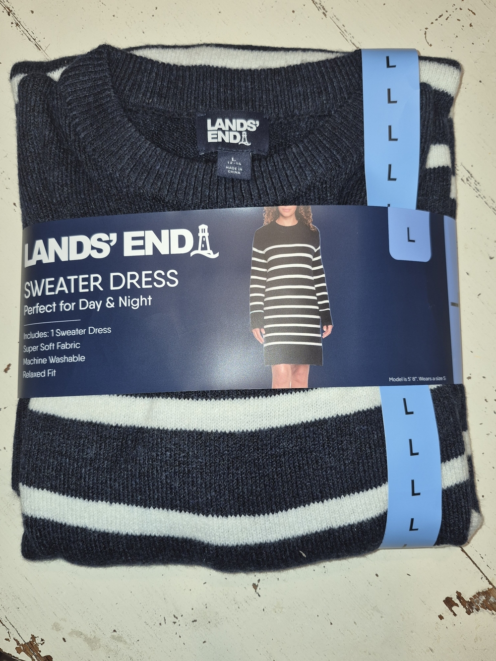 Lands' End Navy And White Striped Sweater Dress
